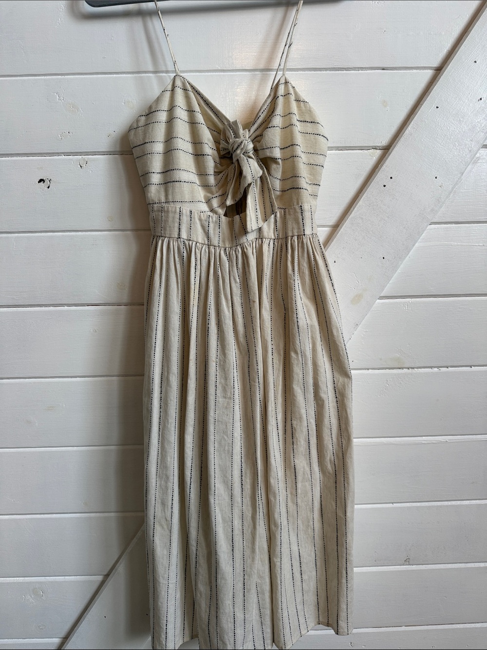Zara Cream Midi Dress with Navy Pinstripes and Tie-Front
